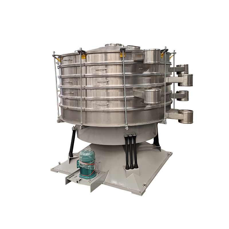 Horizontal circular and vertical up-and-down throwing motion simulates manual screening for even material distribution